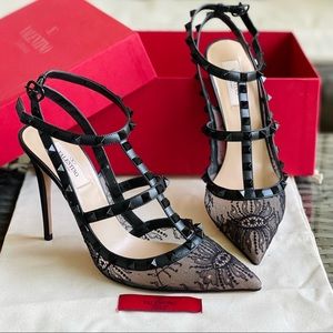 VALENTINO Rockstud Lace T-Strap Pumps
